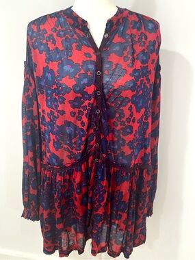 NWOT Free People Floral Tunic Top Small Red Blue Boho Flowy Long Sleevw
